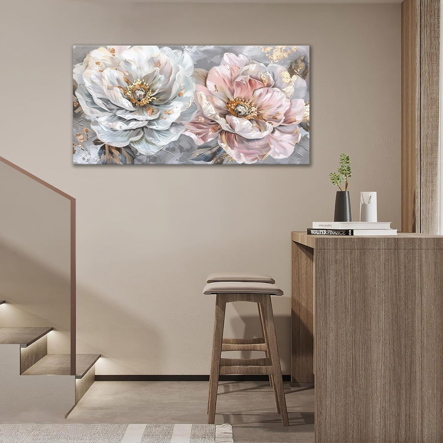 Extra Large Flower Wall Art Pink and White Floral Canvas Living Room Golden Pictures Framed Prints Oversize Wall Decor Big Painting Artwork for Bedroom Dining Office Home 60"x30"