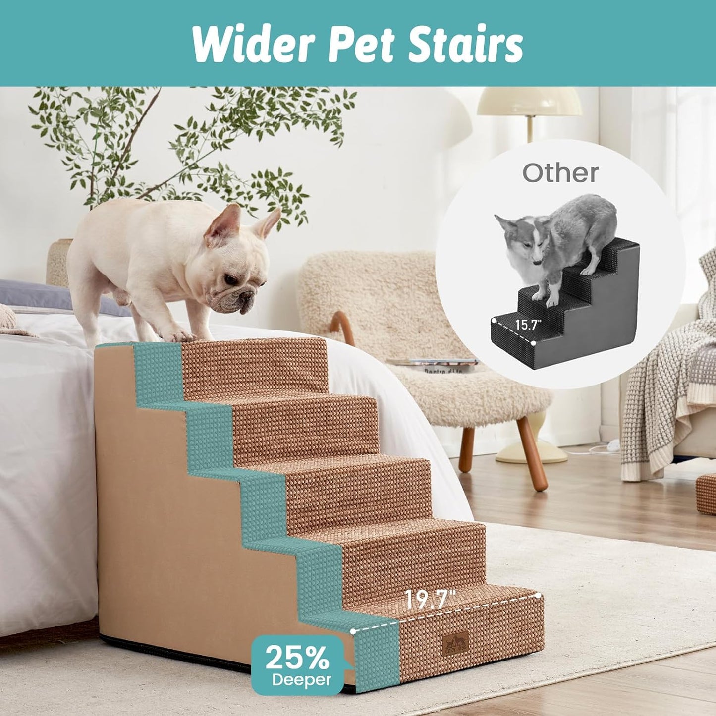 Dog Stairs for Small Dogs, 5 Tier Wider Pet Stairs for High Beds, 23.6" H Non-Slip Dog Steps for Old Cats, Puppies, Small Medium Dogs, 29.5x19.7x23.6 inch, Light Brown