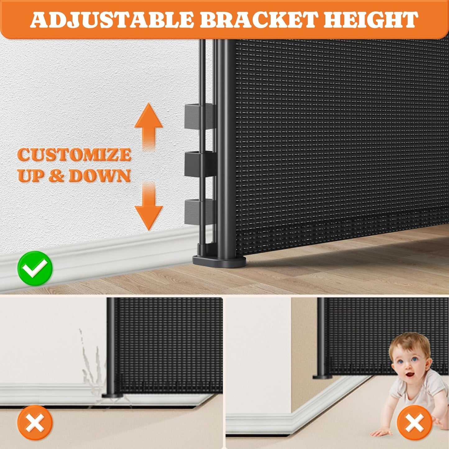 Upgrade Retractable Baby Gates, 35" Tall Extends up to 60" Wide, Mesh Dog Gate Indoor for Stairs, Outdoor Reinforced Pet Gate with Support Rods for Doorways Hallways Kitchen Bedroom, Black