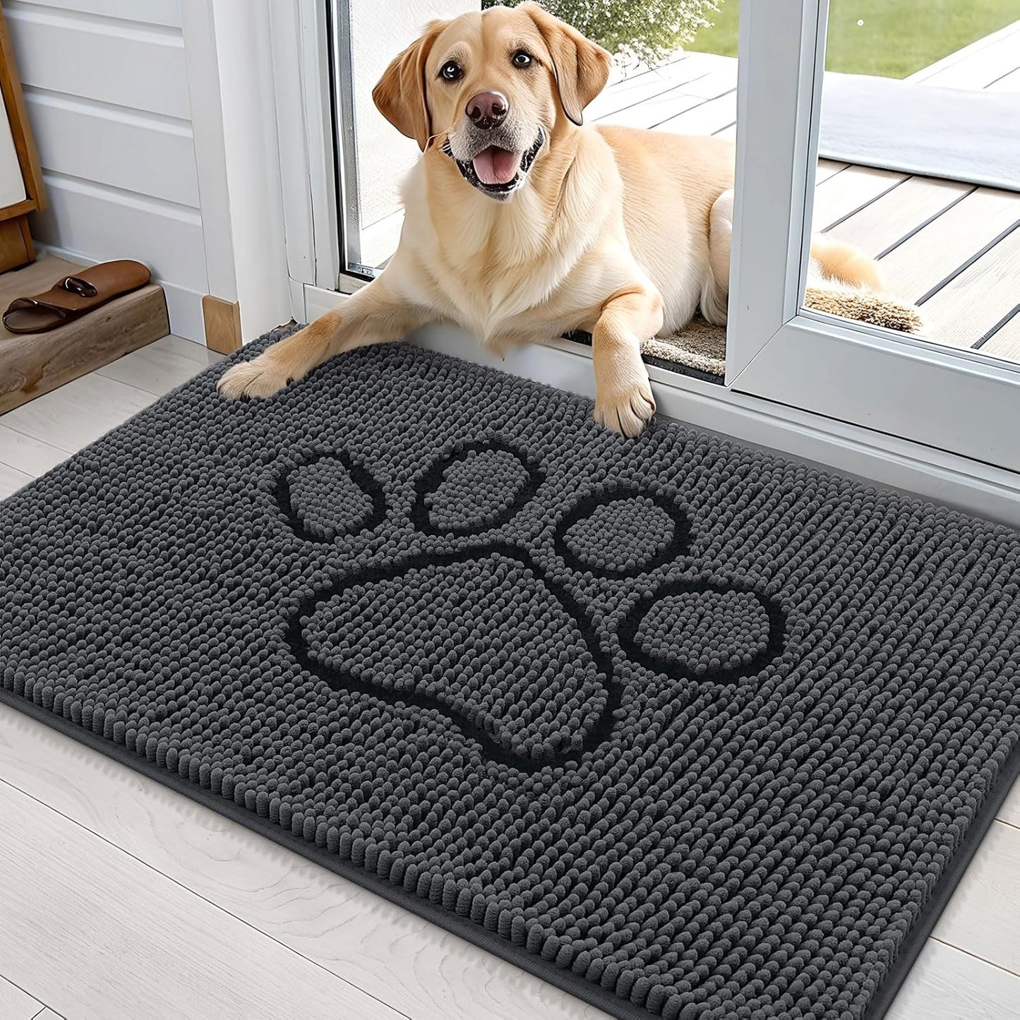 OLANLY Door Mat for Muddy Dog Paws 36x24, Absorbent Chenille Doormat with Paw Print Design, Non-Slip Washable Doormat for Indoor Entryway, Quick-Dry Pet Bed Mats for Dirty Dogs, Dark Grey and Black