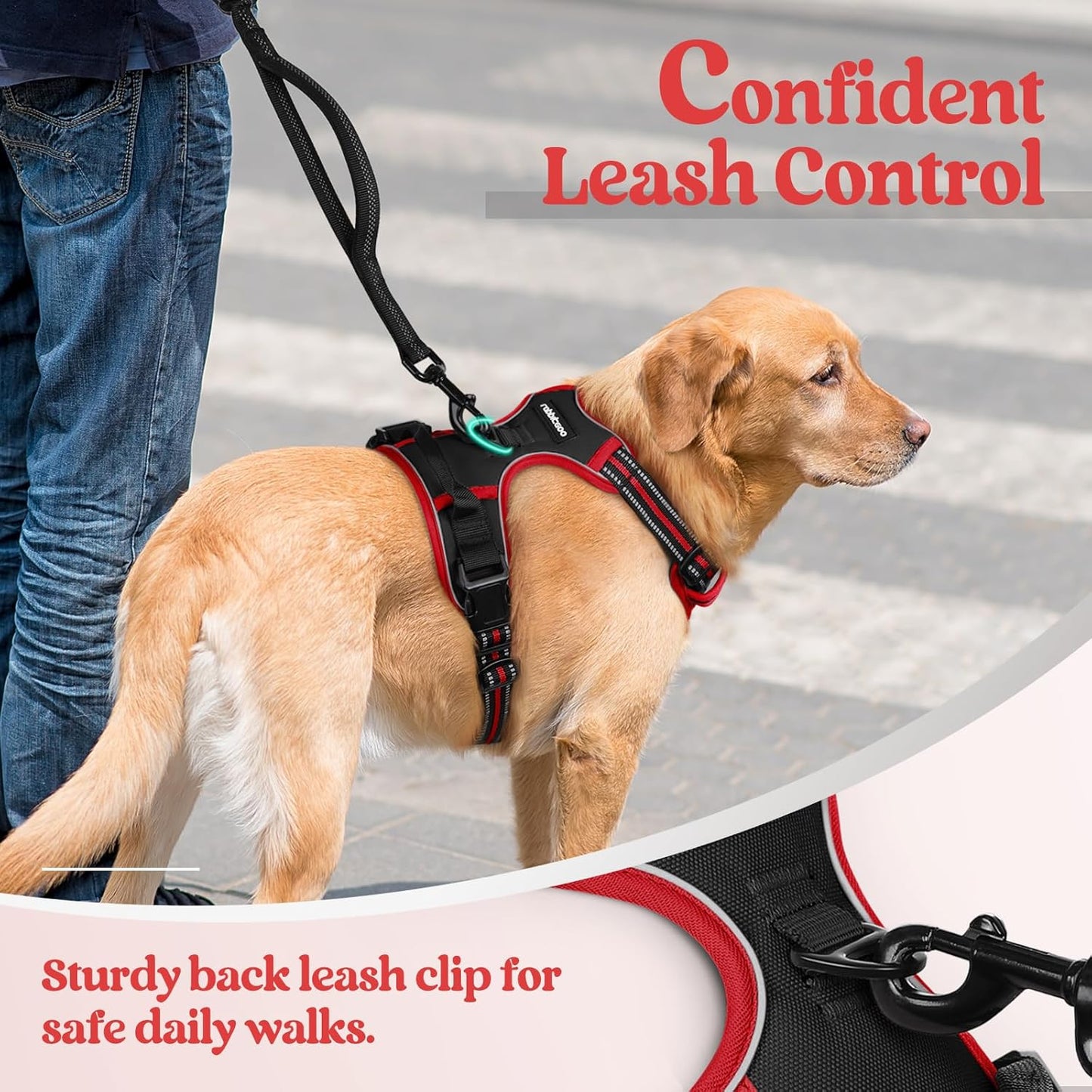 rabbitgoo Dog Harness No Pull with 2 Leash Clips, Adjustable Soft Padded, Reflective Oxford No Choke Pet Vest with Easy Control Handle for Large Dogs, Black & Red, XL