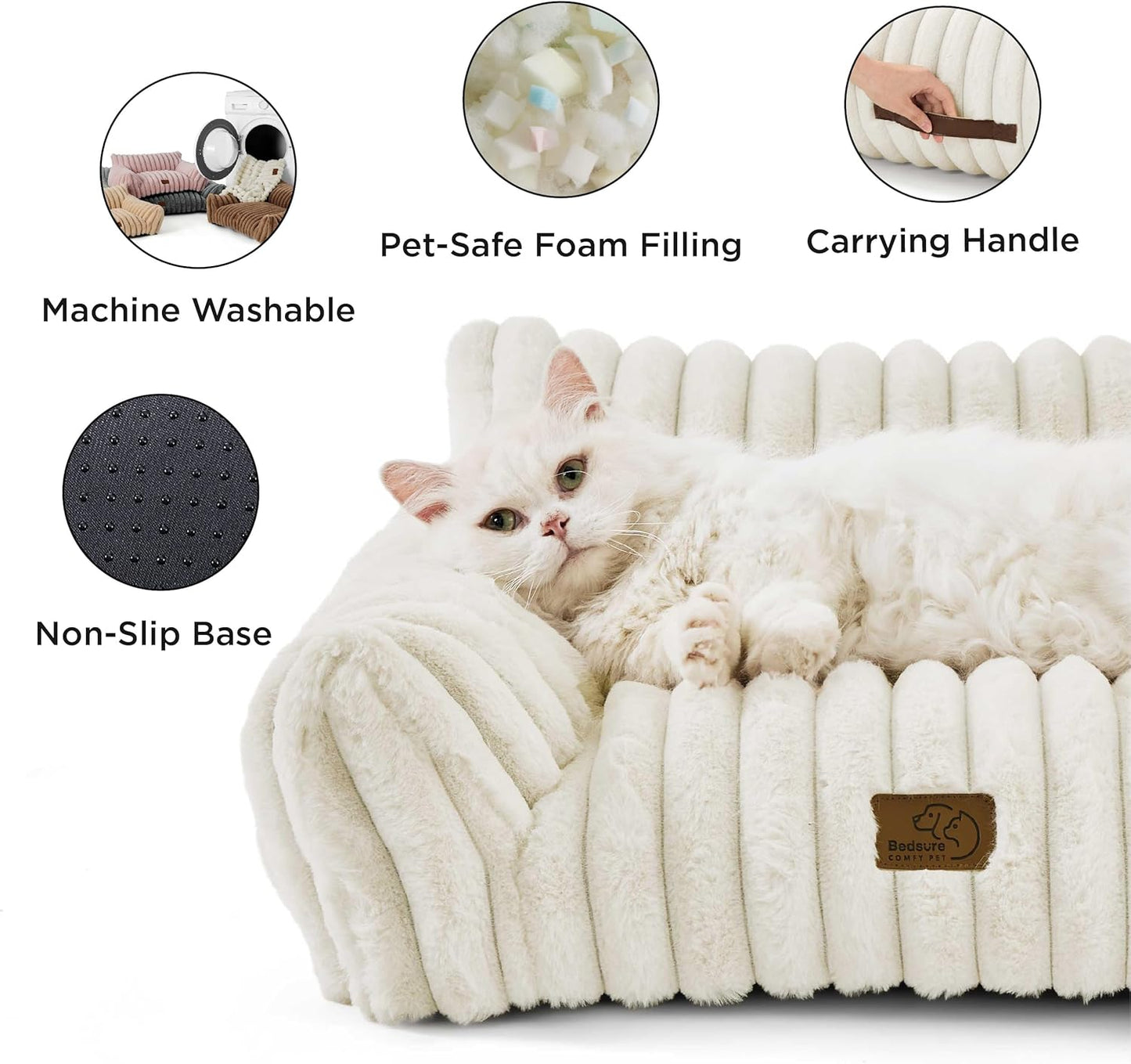 Bedsure Cute Cat Couch for Pets - Fluffy Dog Bed Medium Size Dog with Premium Soft Corduroy Fleece, Pet Sofa with Removable Washable Cover, Supportive Couch Bed for Small Medium Dogs, 30inch, Cream