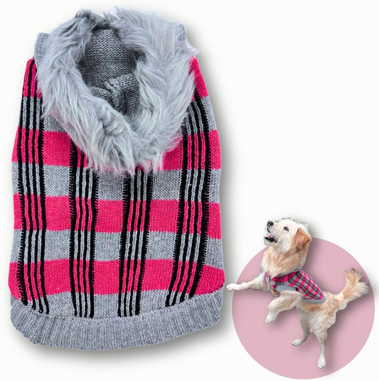 Cute Sweater for Dogs and Cats Soft Flannel Pet Outfit Warm and Cozy Animal Hoodie Small to Large Pet Clothes for Halloween Parties and Everyday Wear (Large, Pink Checkered with Hat)