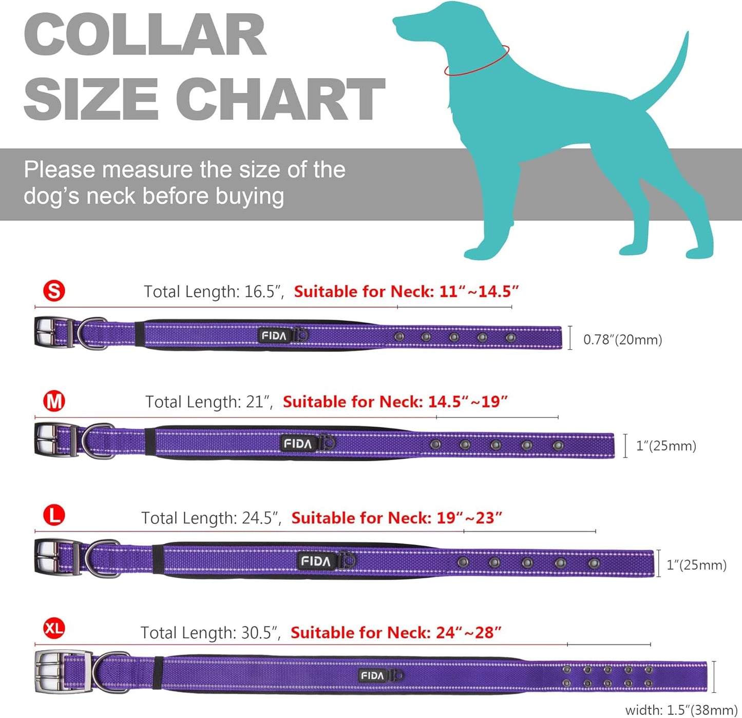 Fida Heavy Duty Dog Collar, Ultra Comfortable Soft Neoprene Padded, Adjustable Reflective Nylon Pet Collar with Durable Metal Belt Buckle for Large Breeds (L, Purple)
