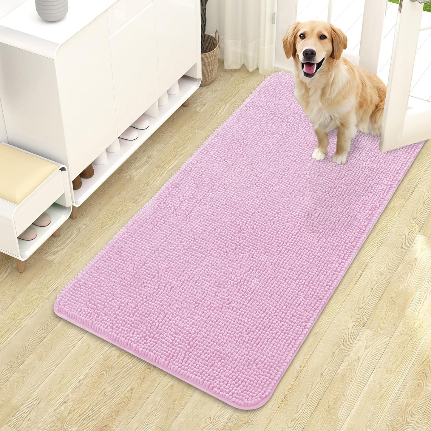 OLANLY Dog Door Mat for Muddy Paws 44x24, Absorbs Moisture and Dirt, Absorbent Non-Slip Washable Doormat, Quick Dry Chenille Mud Mat for Dogs, Entry Indoor Entryway Carpet for Inside Floor, Pink