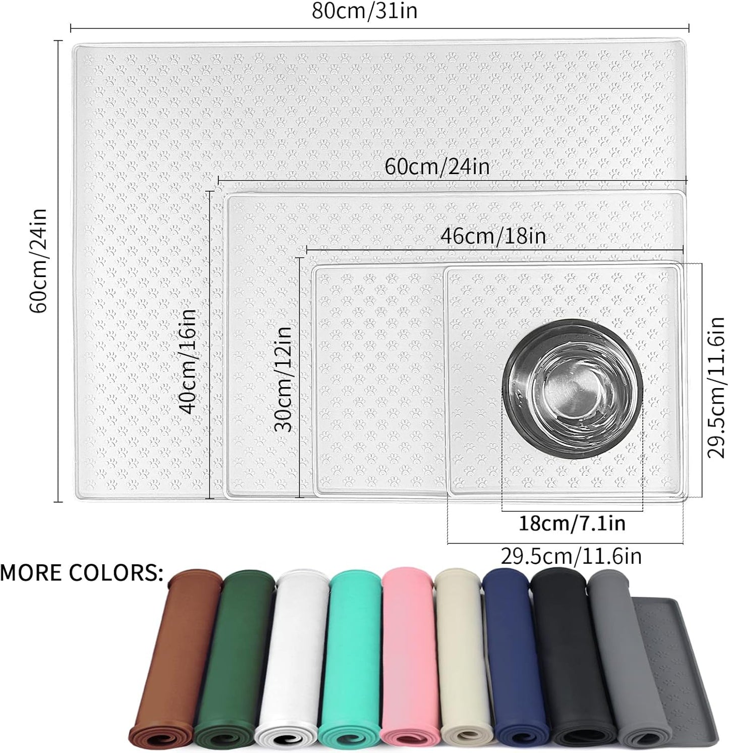 Ptlom Pet Placemat for Dog and Cat, Waterproof Silicone Pet Feeding Bowl Mats for Food and Water, Small Medium Large Dogs Mat Prevent Residues from Spilling to Floor, White, 11.8"x11.8"