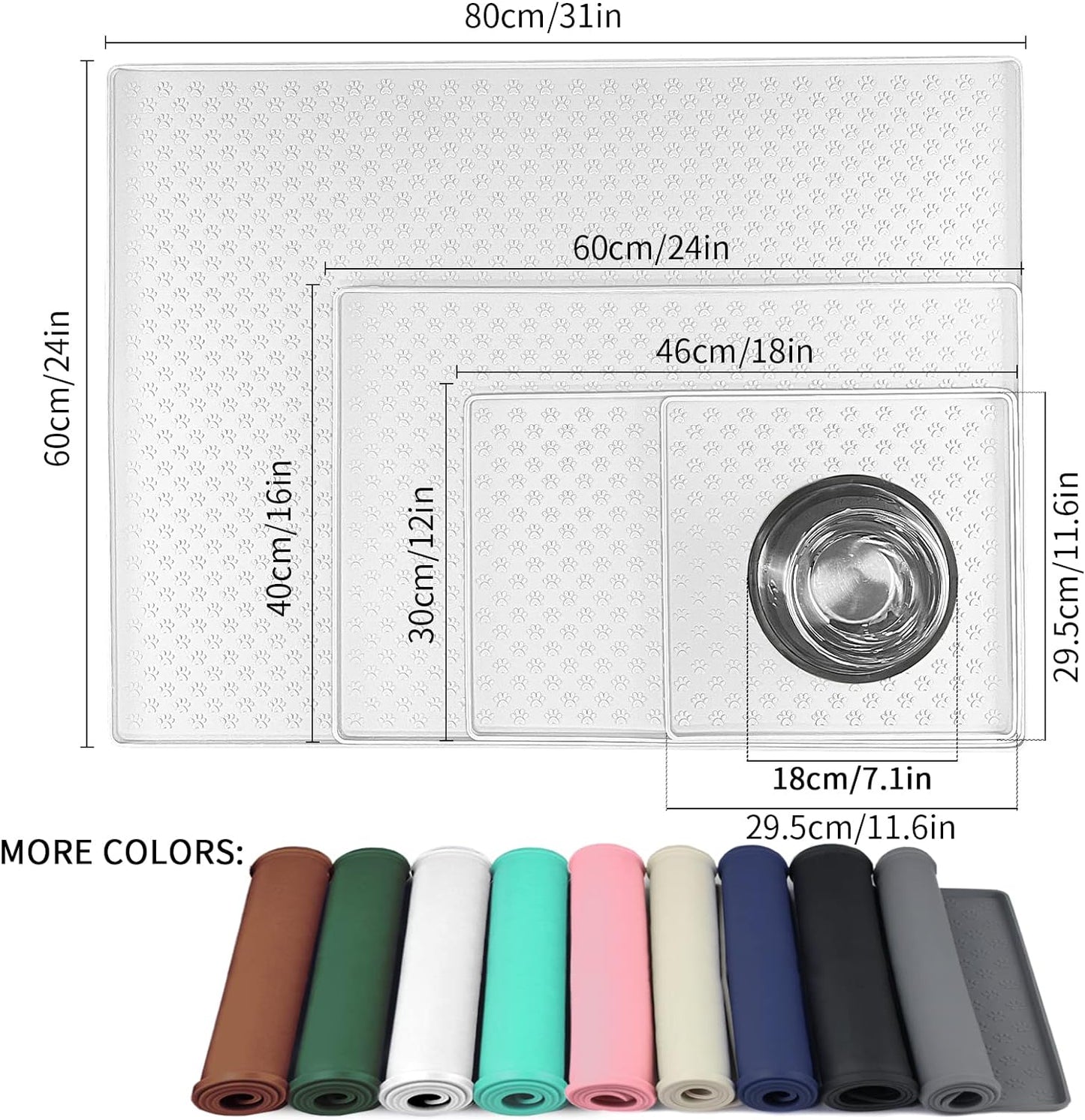 Ptlom Pet Placemat for Dog and Cat, Waterproof Silicone Pet Feeding Bowl Mats for Food and Water, Small Medium Large Dogs Mat Prevent Residues from Spilling to Floor, White, 18" 12"