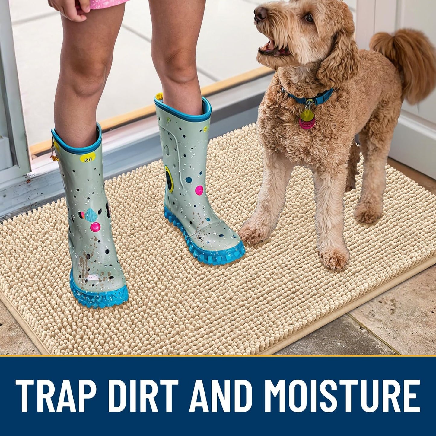 Smiry Dog Door Mat for Muddy Paws 54x32, Absorbs Moisture and Dirt Doormat, Non-Slip Washable Quick Dry Chenille Front Door Mat Indoor Entrance, Entryway Carpet for Inside Floor, Beige