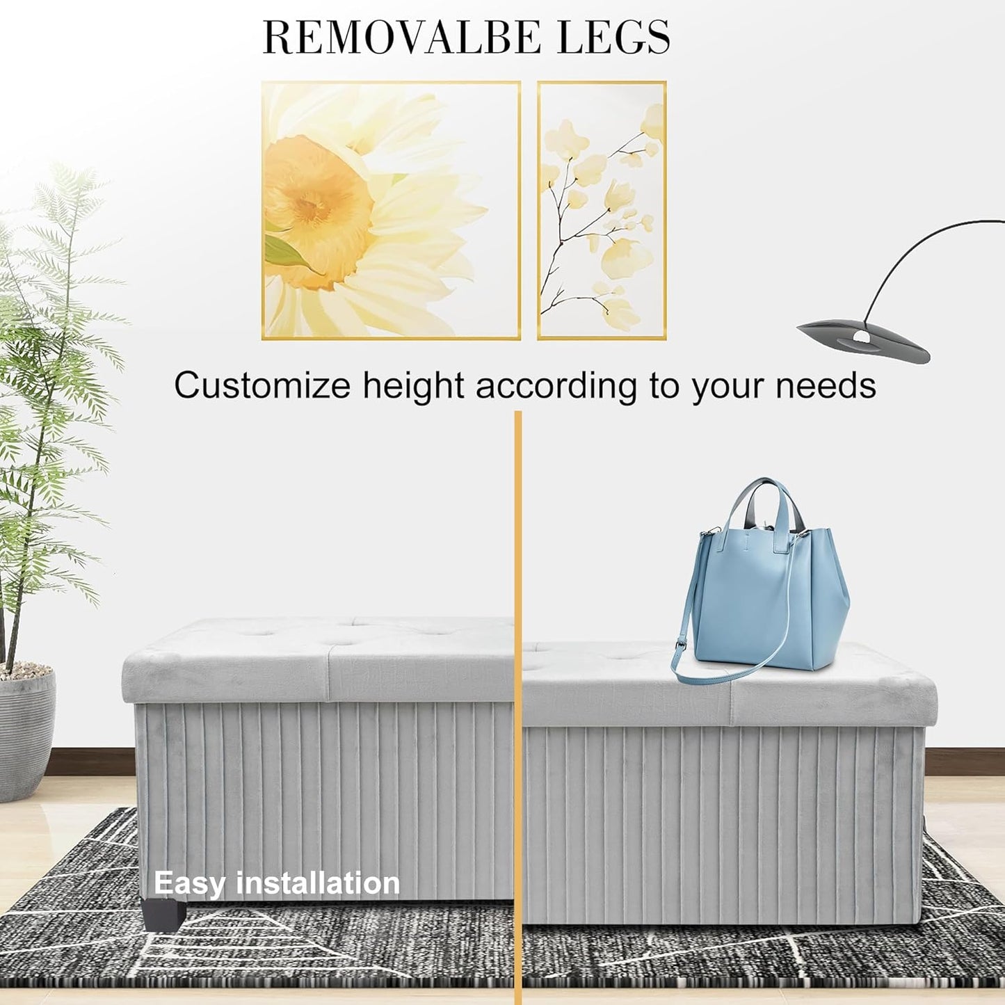 Storage Ottoman Bench, 43 Inch Foldable Ottoman with Legs, Velvet Foot Rest Stool, End of Bed Bench, Storage Chest for Living Room, Bedroom (Grey)