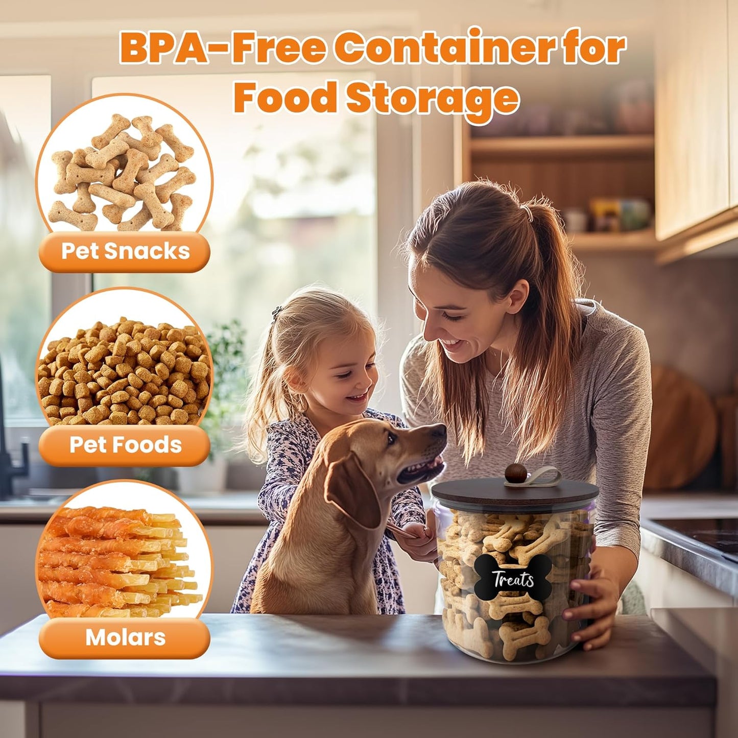 3 Pack Airtight Dog Food Storage Container, Dog Treat Container Dog Food Container with Wood Lids 8x7''&6x5'',Pet Food Storage Container,Cat Food Containers with Scoops,Clamp,Labels,Pens