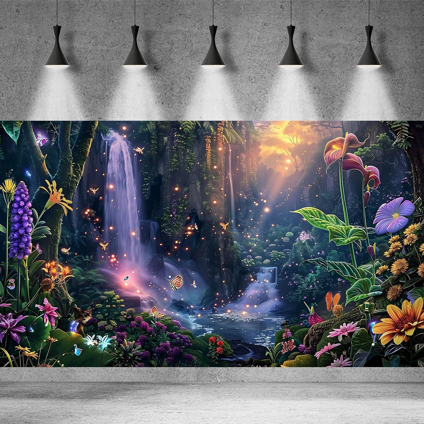 Fantasy Garden Aquarium Background Sunset Waterfall and Flowers Terrarium Backdrop Tropical Forest Lush Plant Magic Butterfly Lights Flowers Fish Tank Background Poster Decorations 30x18in