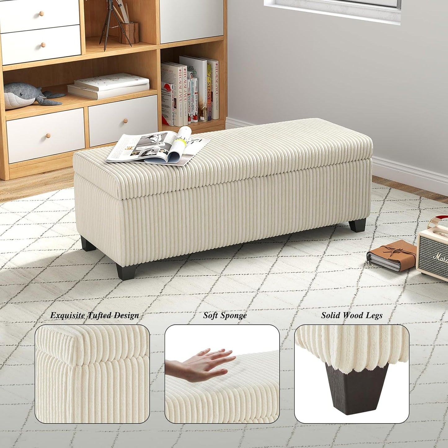 48" Ottoman with Storage, Corduroy Storage Ottoman Bench for Bedroom, End of Bed Bench with Safety Hinge for Living Room, Bedroom, Entryway, White