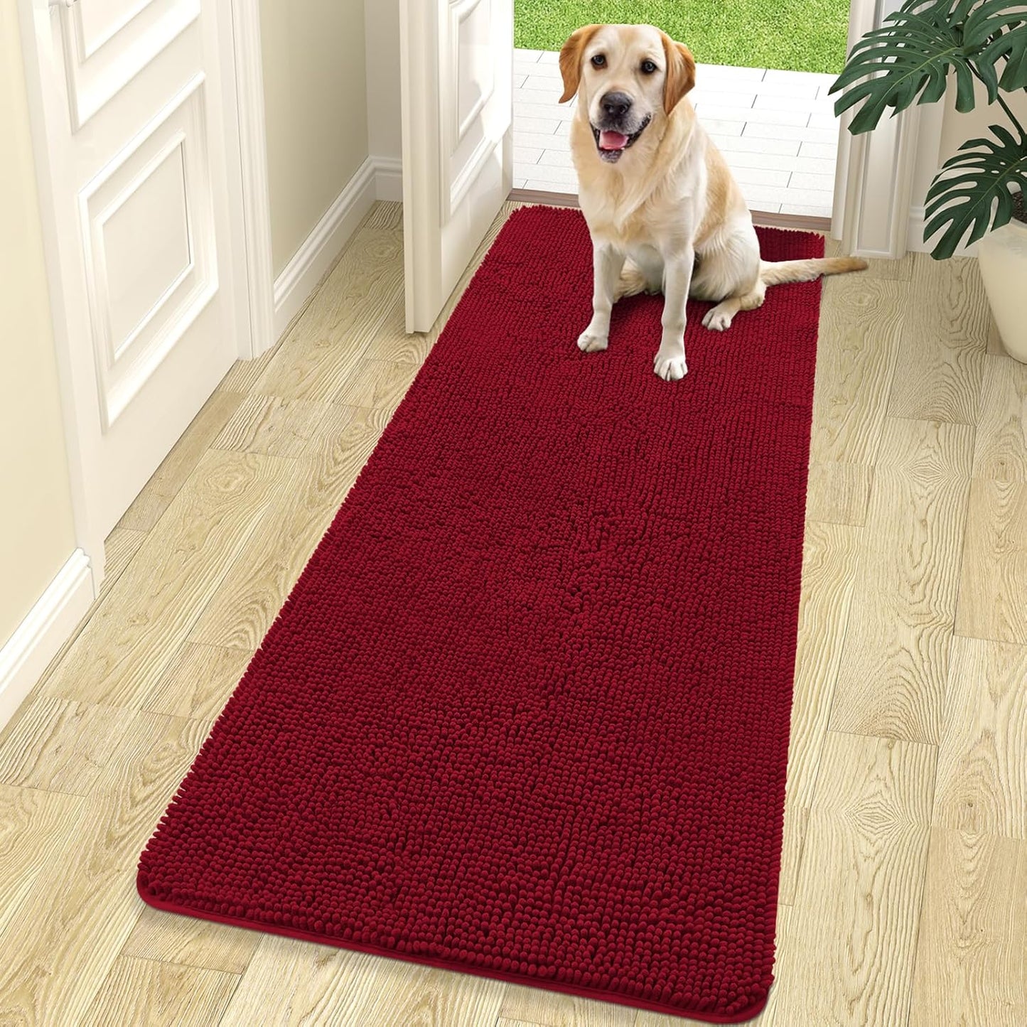 OLANLY Dog Door Mat for Muddy Paws 70x24, Absorbs Moisture and Dirt, Absorbent Non-Slip Washable Doormat, Quick Dry Chenille Mud Mat for Dogs, Entry Indoor Entryway Carpet for Inside Floor, Red