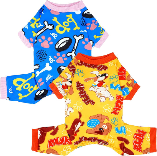 2PCS Dog Pajamas for Large Sized Dog Pjs Clothes Puppy Onesies Outfits Pet Jammies Boy Girl Male Female Apparel Lightweight Stretch Paw Bone Blue Yellow Print L