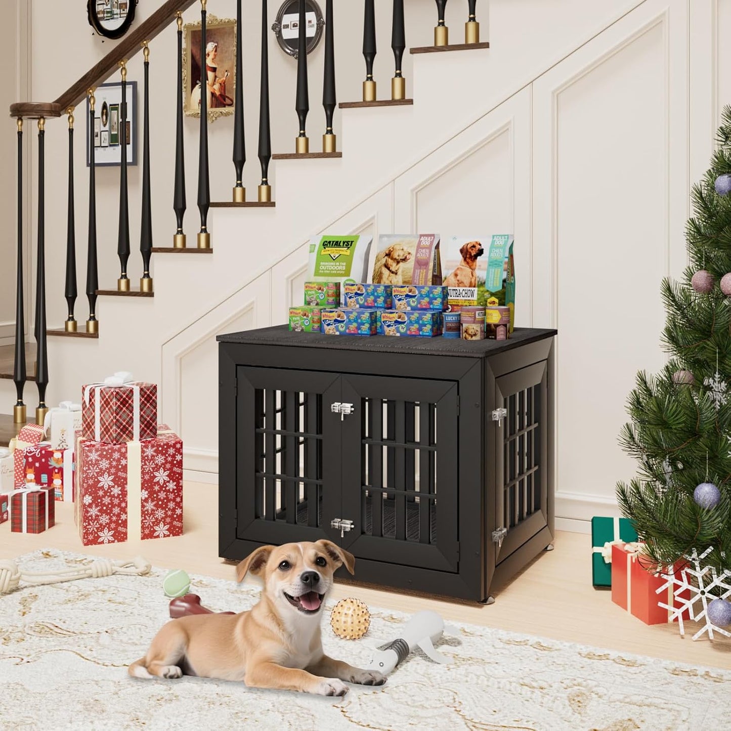 32" Heavy Duty Dog Crate Furniture for Small,Medium and Large Dogs,Rustic Wooden Dog Cage Kennel Indoor Furniture with Waterproof Top,Decorative Pet House Side End Table (Black & Grey)