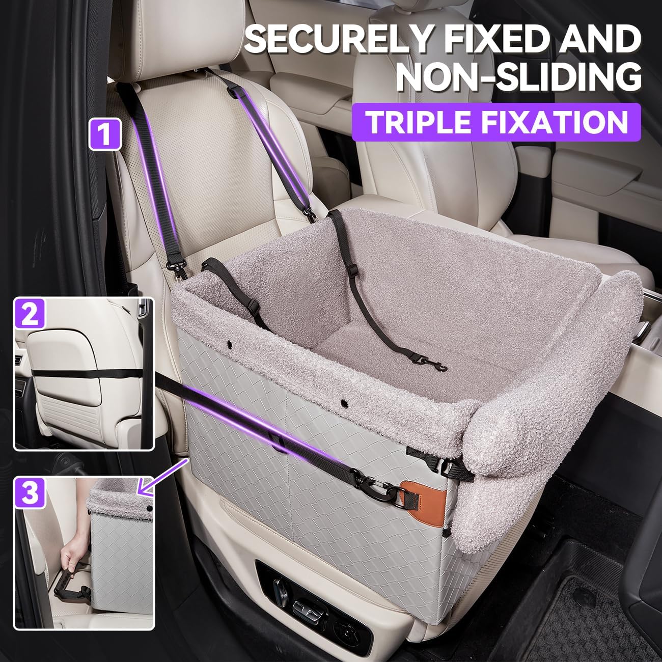 Dog Car Seats for Small Medium Dogs,PU Leather Car Seat Boosters,Foldable Puppy Cat Carseats (Grey, Medium Dog)