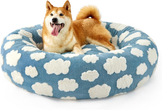 LE SURE Donut Dog Beds Large Sized Dog - Round Pet Beds for Calming Puppy with Washable Cover, Orthopedic Modern Beds with Jacquard Shaggy Plush & Anti Slip Bottom, 36 Inch，Blue