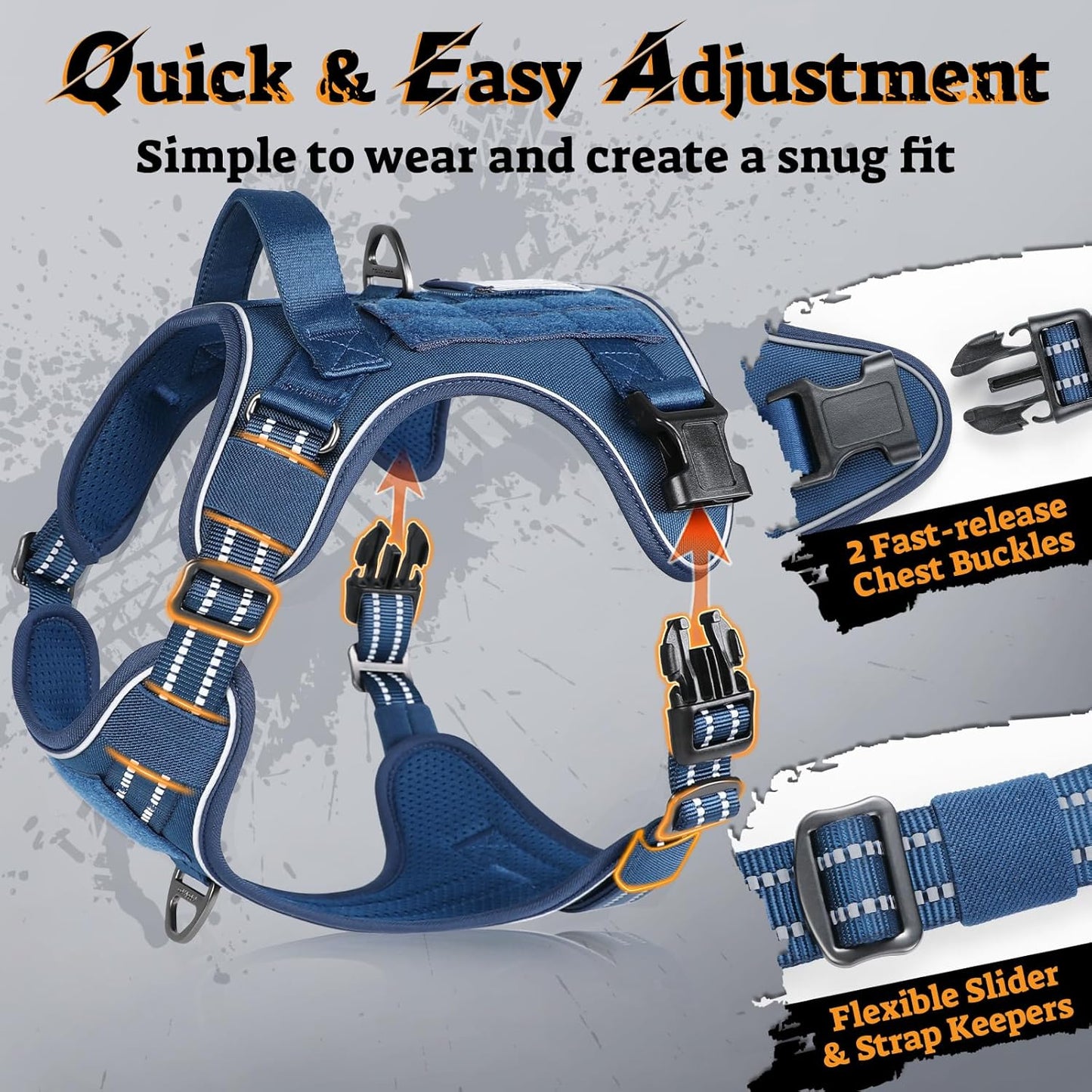 rabbitgoo Dog Harness for Large Dogs No Pull, Tactical Service Pet Vest with Molle and Control Handle, Adjustable and Reflective Military Harness for Easy Walking and Training, Blue, L