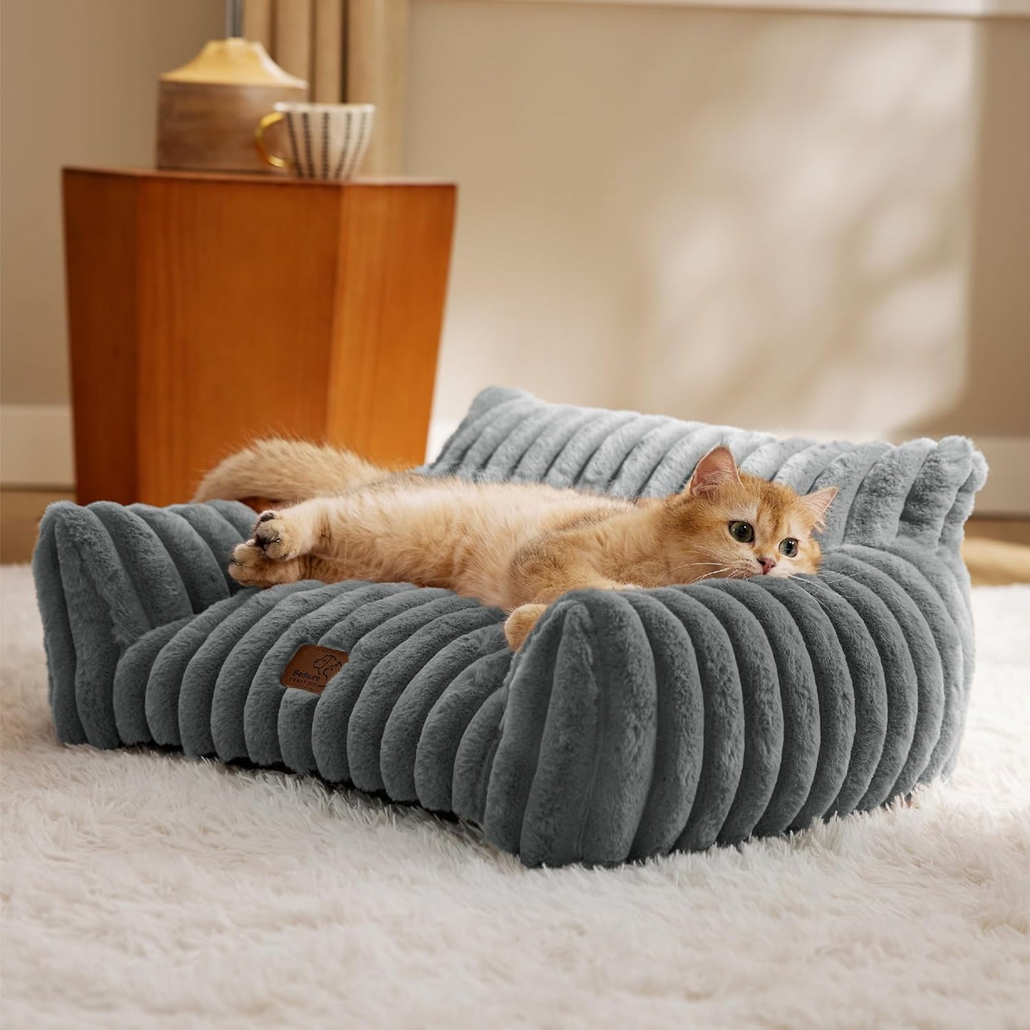 Bedsure Cute Cat Couch for Pets - Fluffy Cat Sofa with Premium Soft Corduroy Fleece, Fuzzy Pet Couch Bed with Removable Washable Cover, Supportive Pet Chair for Indoor Cats, 24inch, Warm Grey