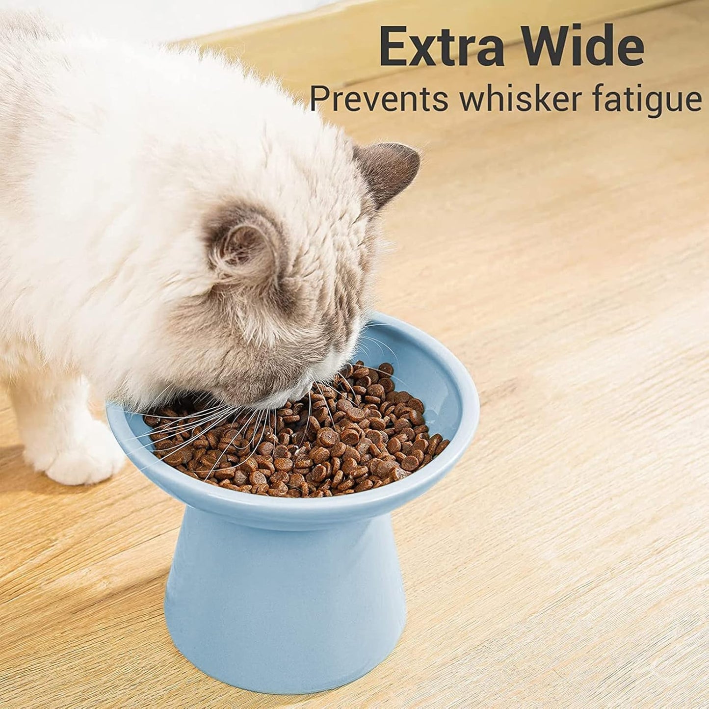 Extra Wide Elevated Ceramic Cat Food Bowl - 6.2" Shallow Dish for Whisker Fatigue Relief, 5" Height for Easy Feeding, Lead & Cadmium Free, Durable Raised Cat Food Bowls, Blue