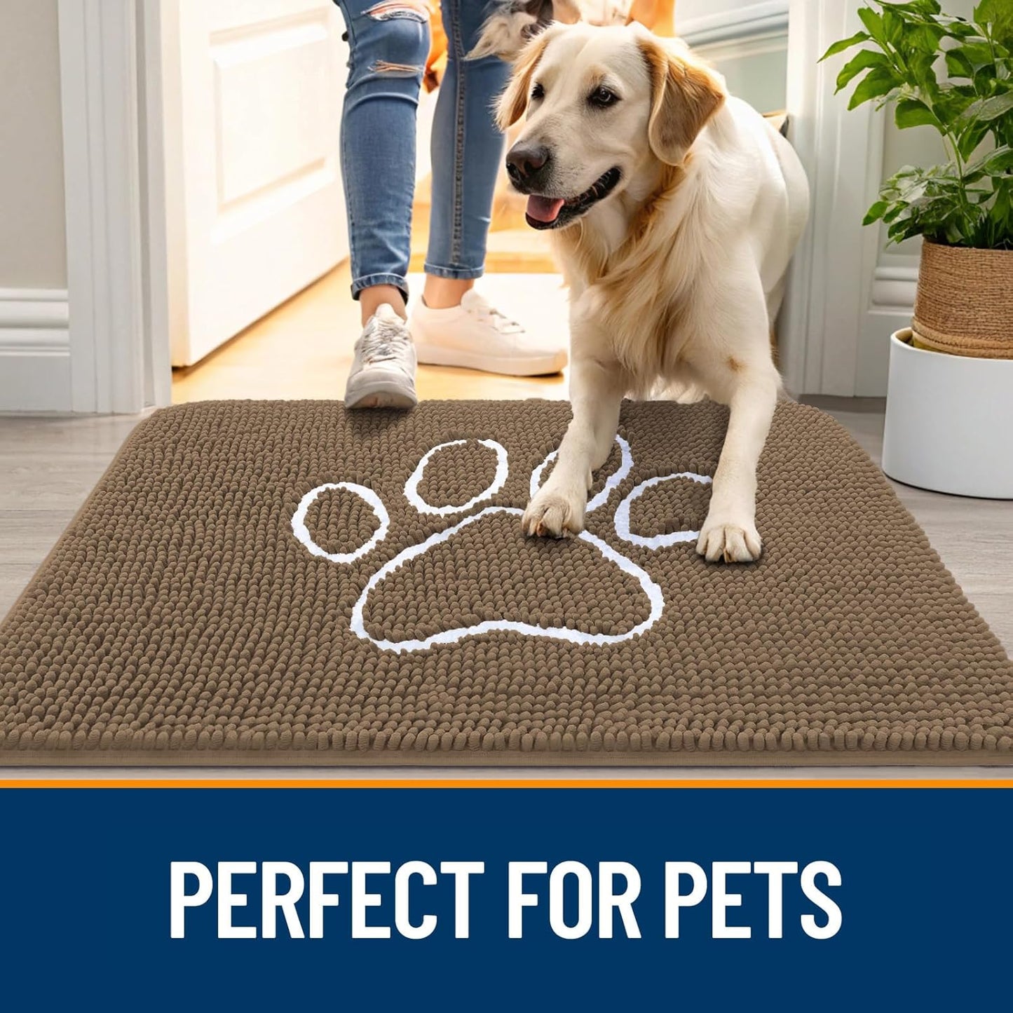 OLANLY Door Mat for Muddy Dog Paws 47x32, Ultra Absorbent Chenille Mud Doormat with Paw Print Design, Non-Slip Washable Doormat for Indoor Entryway, Quick-Dry Pet Bed Mats for Dirty Dogs, Tan