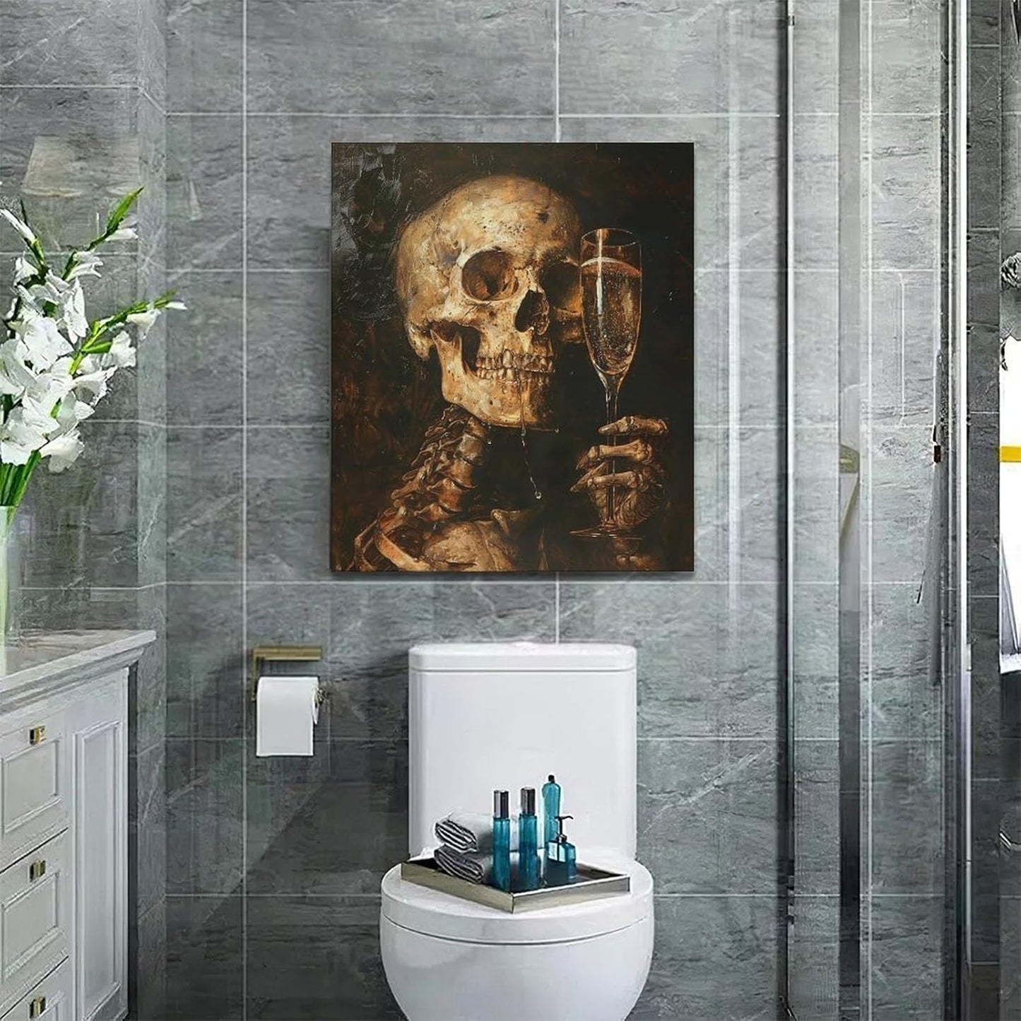 Quorin Gothic Skeleton Wall Art Goth Skull Champagne Wall Decor Dark Academia Pictures Horror Canvas Print Painting Artwork for Bathroom Living Room Bedroom 20"x24"