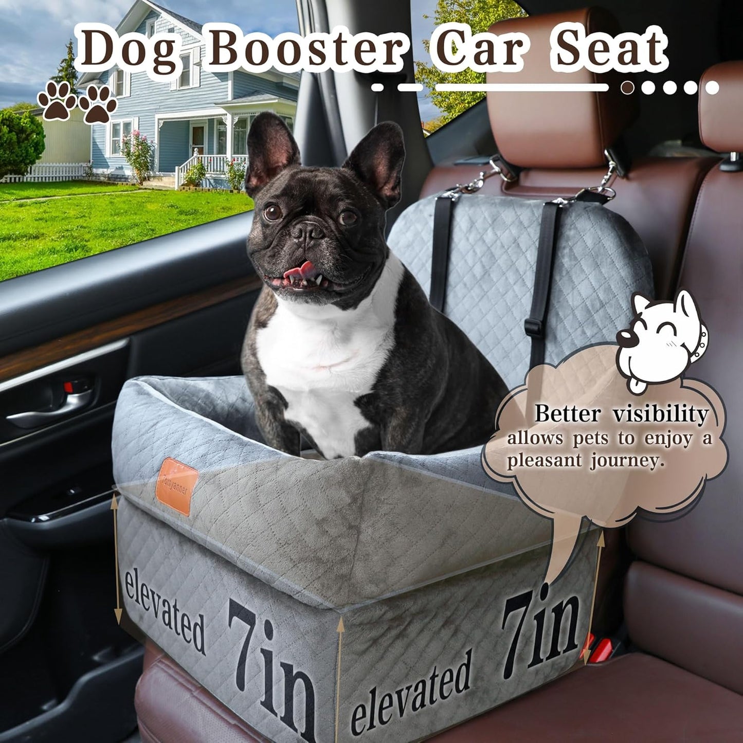 Dog Booster Car Seat with 7 Inches of Interior Height,Elevated Pet Car Seat for Small/Medium Sized Dogs,Puppy Portable Car Seat,Washable Removable Cover Travel Safety Car Seat,Easy to Use(H-Grey)