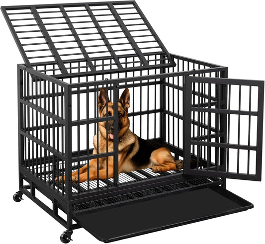 JY QAQA 38 Inch Heavy Duty Indestructible Dog Crate Double Doors Escape Proof Cage Kennel,Enhanced Metal Pet Cage,Extra Large XL XXL Crate Indoor for Large Dog with Removable Tray and Lockable Wheels
