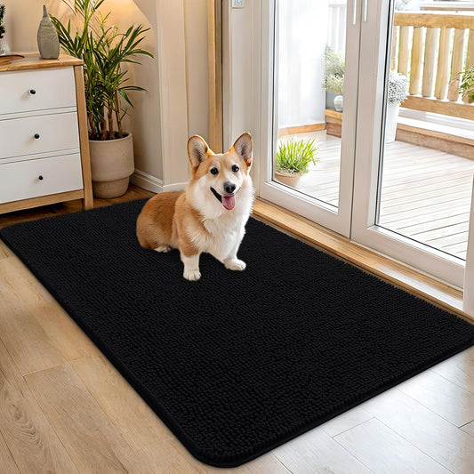 OLANLY Dog Door Mat for Muddy Paws 45x27, Absorbs Moisture and Dirt, Absorbent Non-Slip Washable Doormat, Quick Dry Chenille Mud Mat for Dogs, Entry Indoor Entryway Carpet for Inside Floor, Black