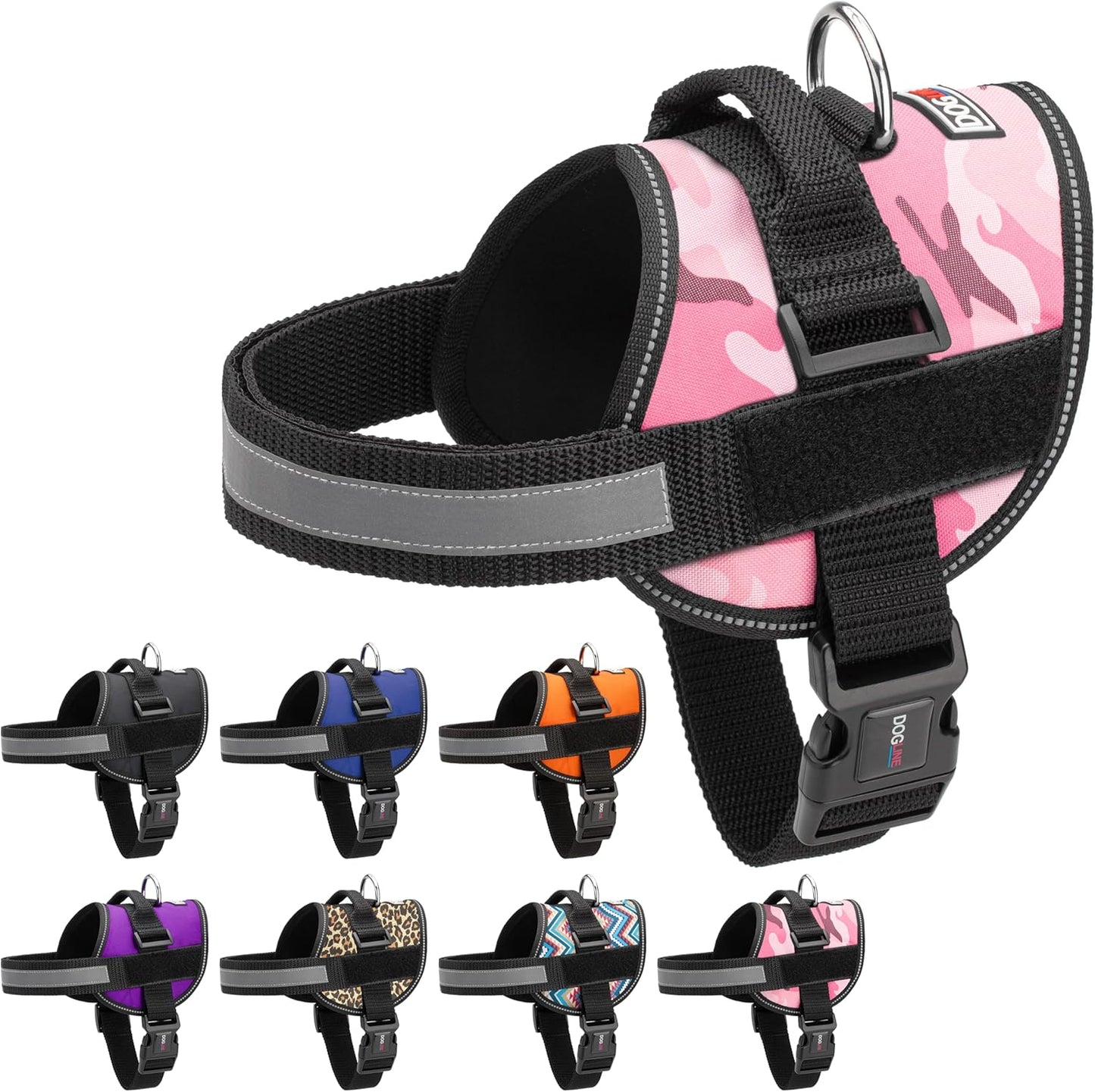 Dogline Dog Harness, Reflective No-Pull Adjustable Vest with Handle, Breathable No-Choke Harness for Small, Medium or Large Dogs Room for Patches Girth 18 to 24 in Pink Camo