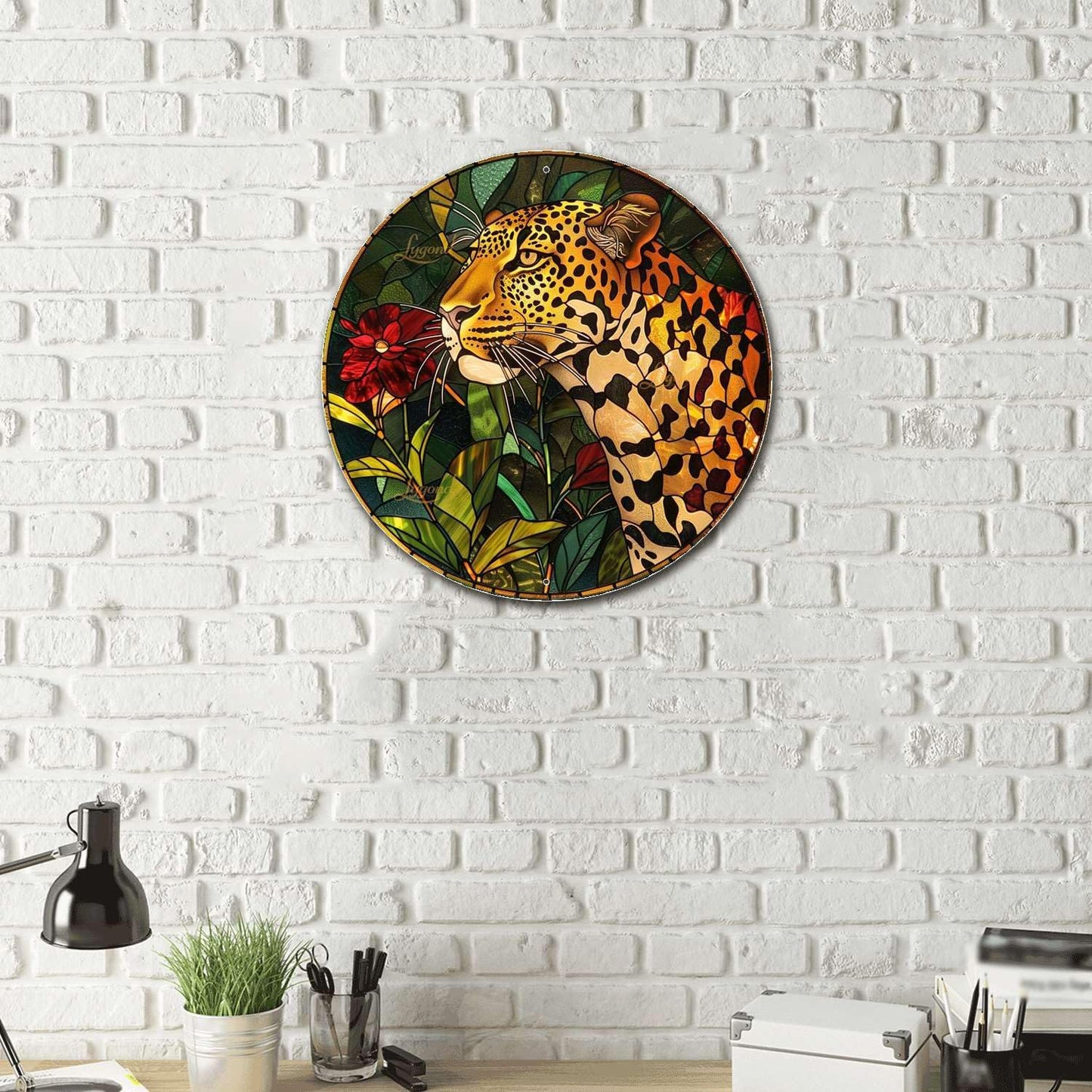 Lygond Metal Sign Tin Sign Circular Stained Glass Leopard Minimalist Wall Art for Garden 12×12 Inches