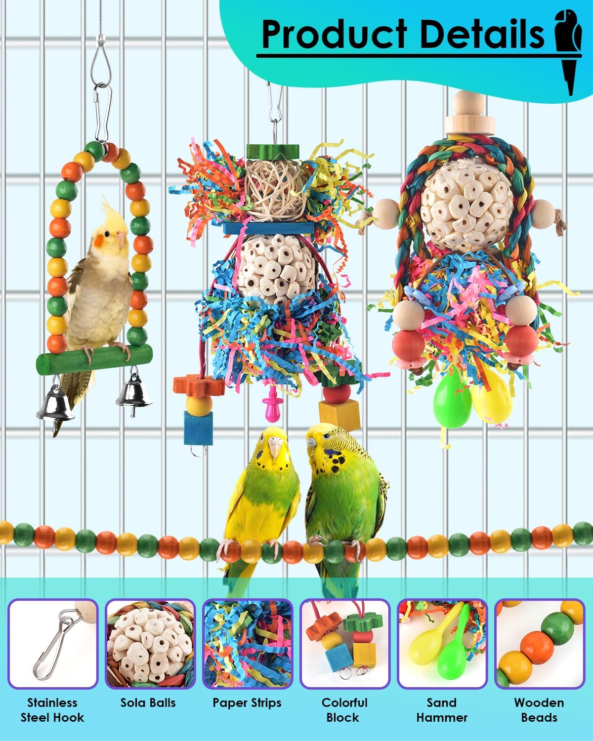 Bissap Conure Toys, 4 PCS Parrot Foraging Shredder Hanging Toys Sola Balls with Sand Hammer Perch Swing Climbing for Small Parrots Parakeets Conures Cockatiels Love Birds Cage Toy