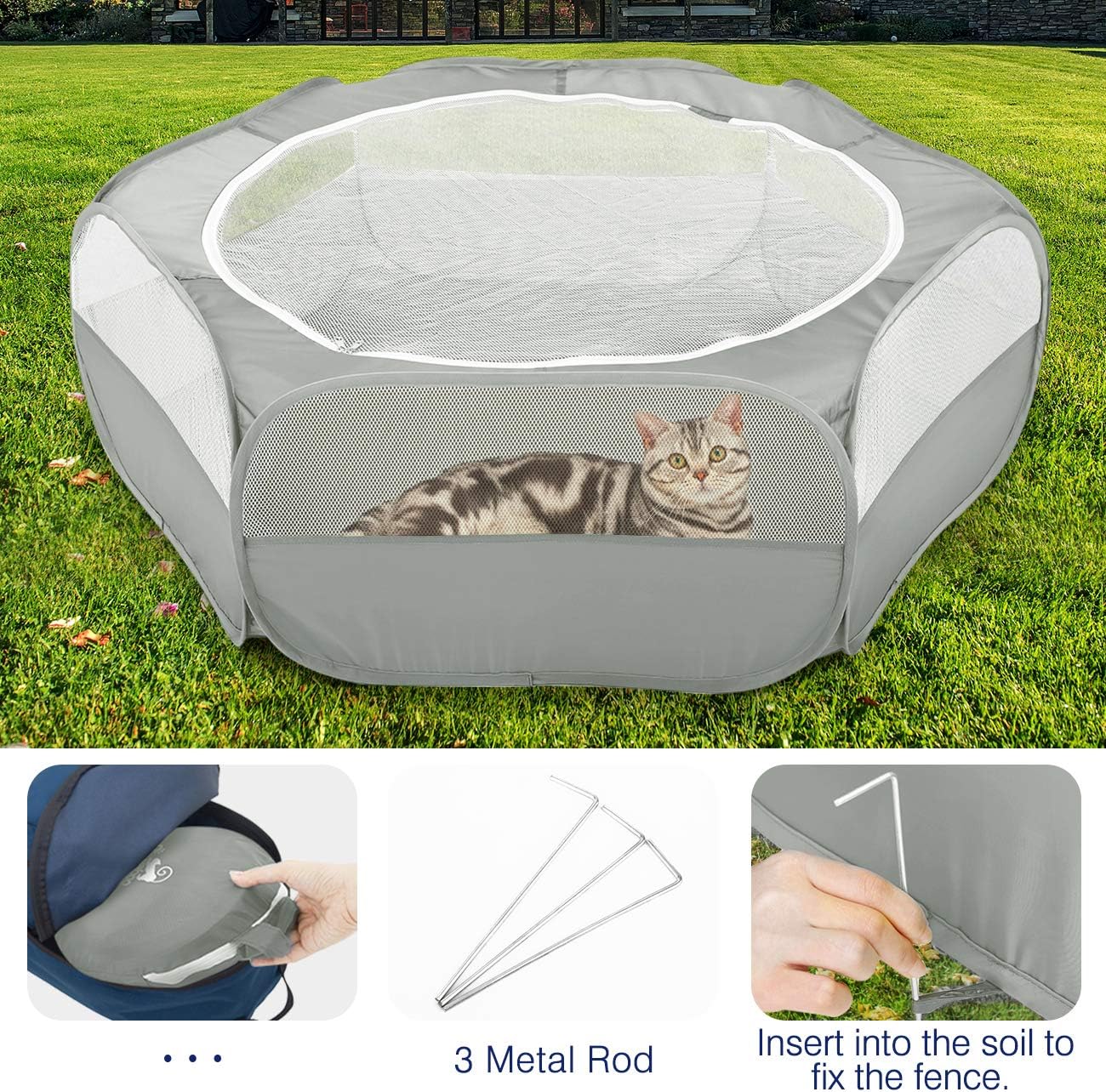 Pawaboo Small Animals Playpen, Waterproof Small Pet Cage Tent with Zippered Cover, Portable Outdoor Yard Fence with 3 Metal Rod for Chick/Kitten/Puppy/Guinea Pig/Rabbits/Hamster/Chinchillas,Light Gray