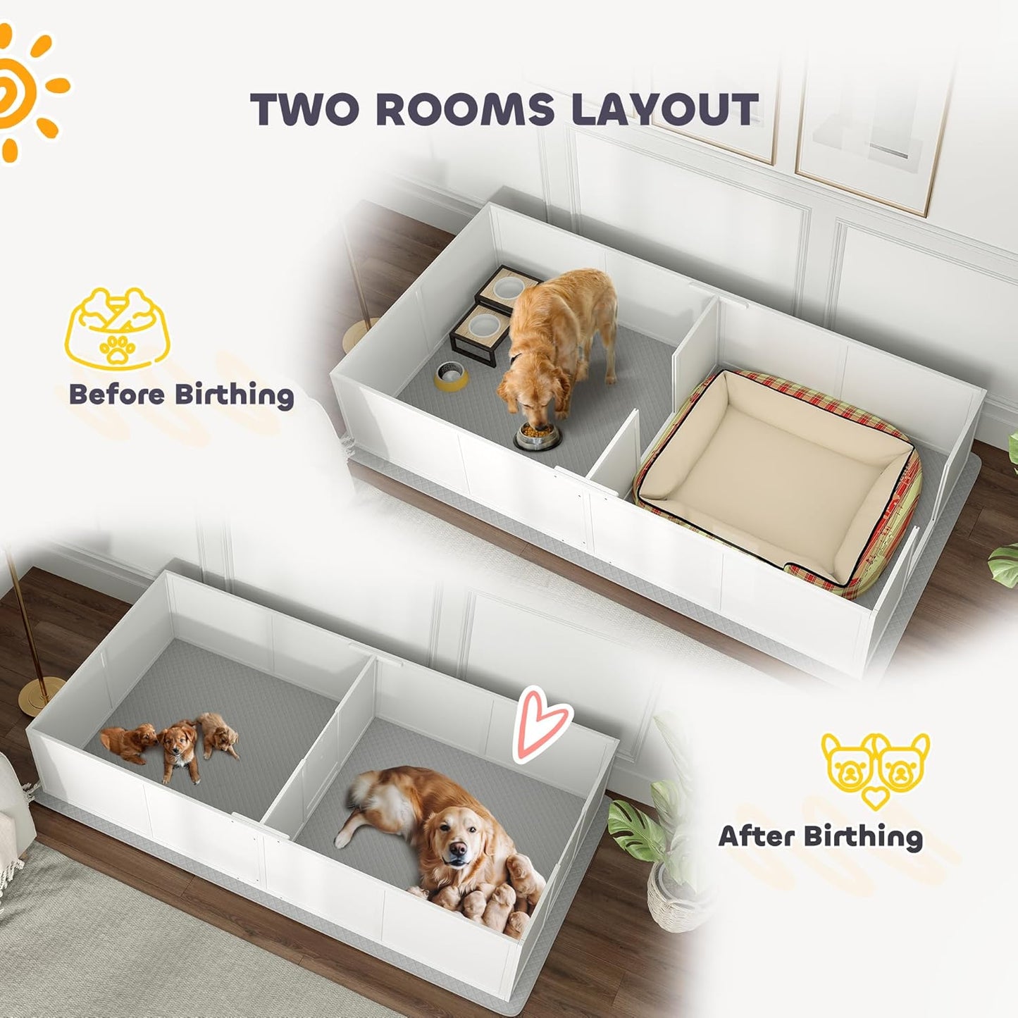 PawHut Whelping Box for Dogs and Puppies, Whelping Pen with Washable Waterproof Pee Pad & Adjustable Door for Large, Medium and Small Dogs, White, 96" x 47" x 19"