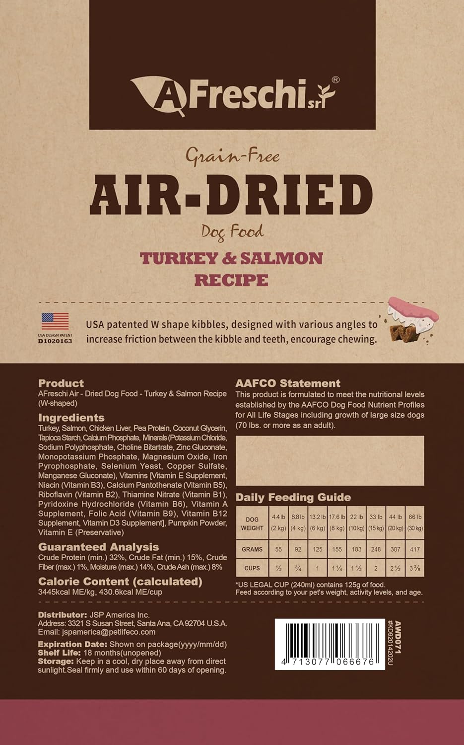 Afreschi Air-Dried Dog Food Turkey & Salmon Recipe 2.2 lb, All-Natural, Complete & Balanced, Grain-Free, High-Protein, Limited Ingredients