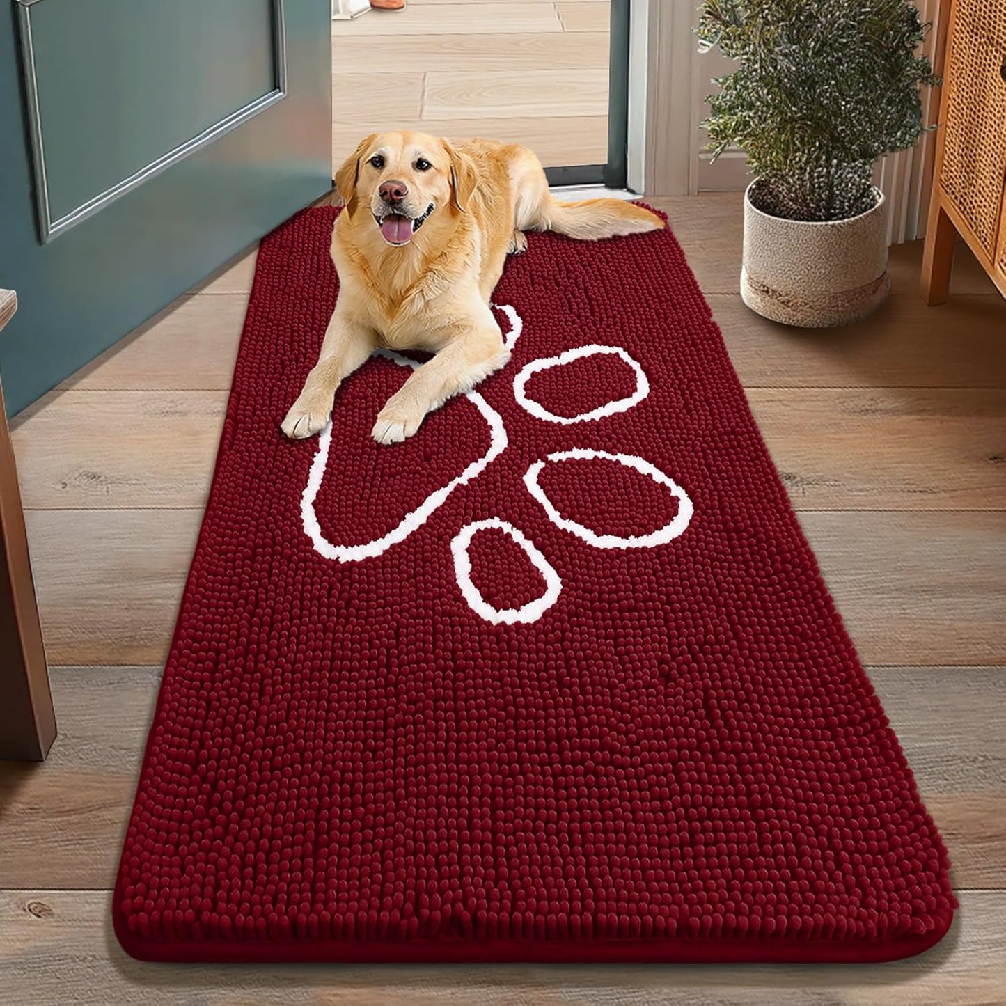 Smiry Dog Door Mat for Muddy Paws, Absorbent Dirt Trapper Non Slip Quick Dry Washable Chenille Mat for Mud Dogs, Entry Rug for Indoor and Outdoor (48x30 Inches, Red)