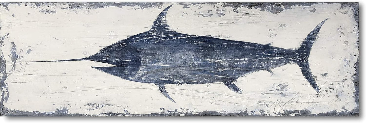 Yihui Arts Indigo Blue Swordfish Canvas Wall Art Painting Pictures for Living Room Bedroom Bathroom Decor