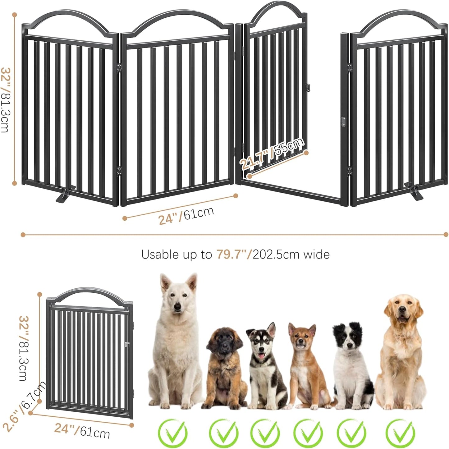 BHG Metal No-Assembly Freestanding Dog Gate with Door Walk Through, Extra Wide 96", Extra Tall 32" Pet Gate, Accordion Puppy Folding Playpen Dog Fence for Indoor & Outdoor, with 2PCS Support - Black