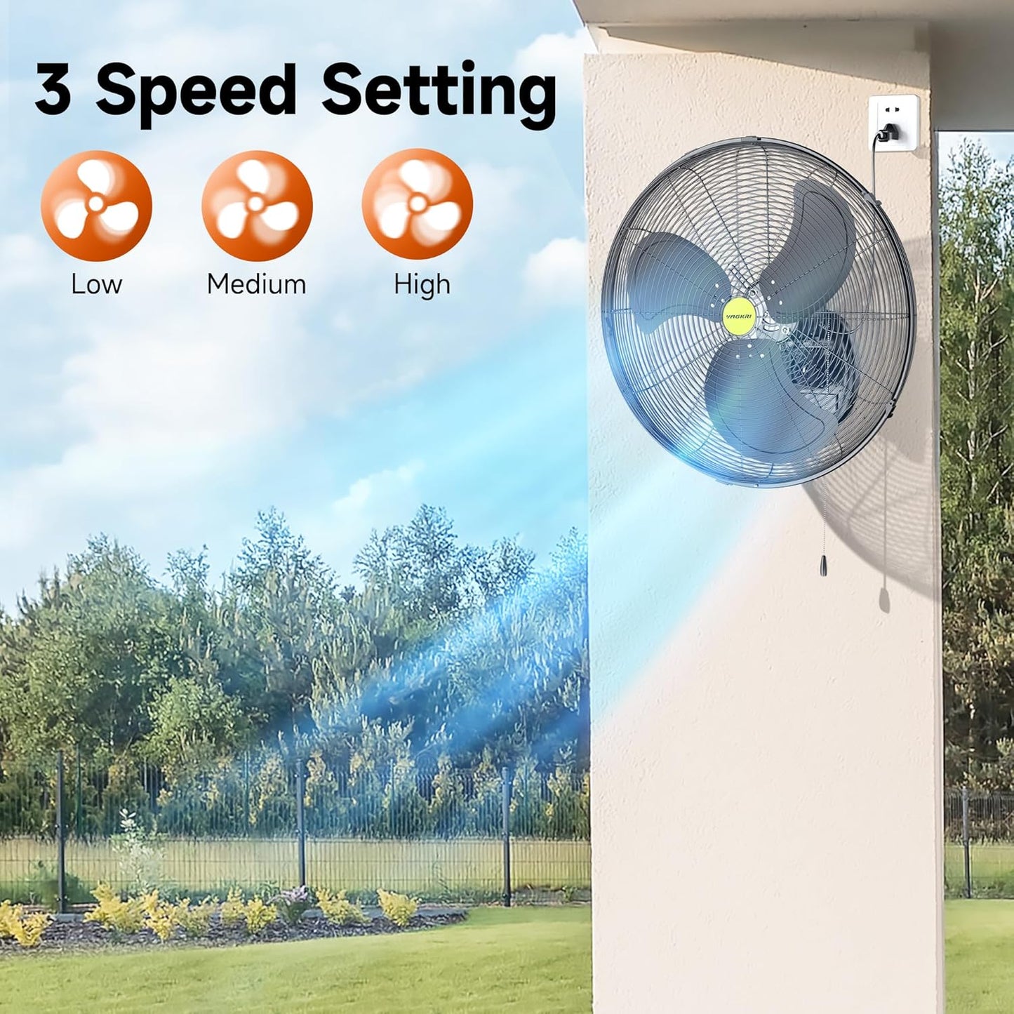 VAGKRI Wall Mount Fan, 20 Inch High Velocity Metal Oscillating Fan, 3 Speeds, 5300CFM Industrial Wall Fan for Home Office Patio Garage Factory Greenhouse Warehouse Farm
