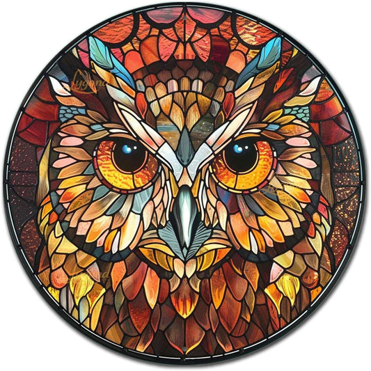 Lygond Metal Sign Tin Sign Circular Stained Glass Owl Metal Sign for Patio 8×8 Inches