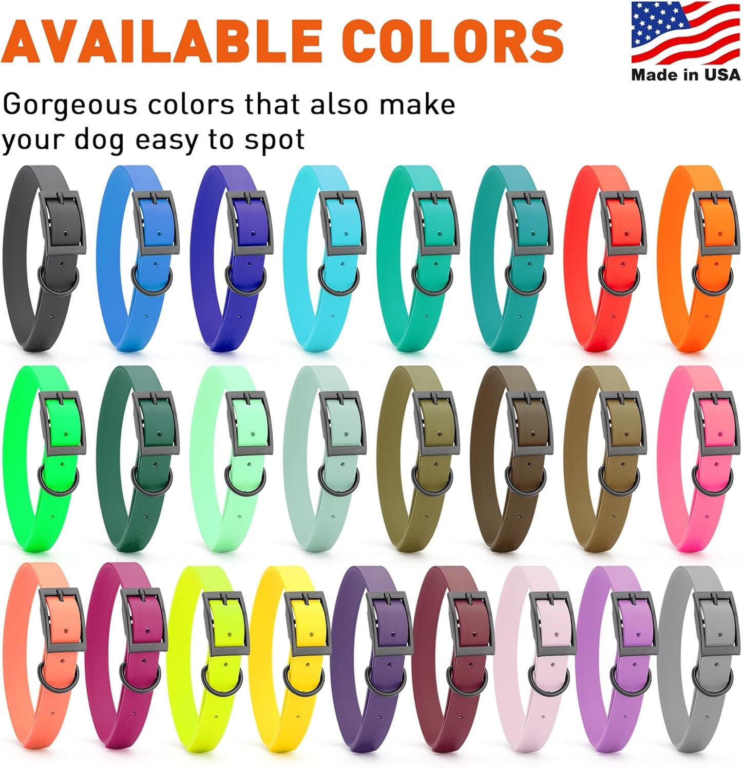 Dogline Biothane Waterproof Dog Collar Strong Coated Nylon Webbing with Black Hardware Odor- Proof for Easy Care Easy to Clean High Performance Fits Small Medium or Large Dogs, Hunter Orange