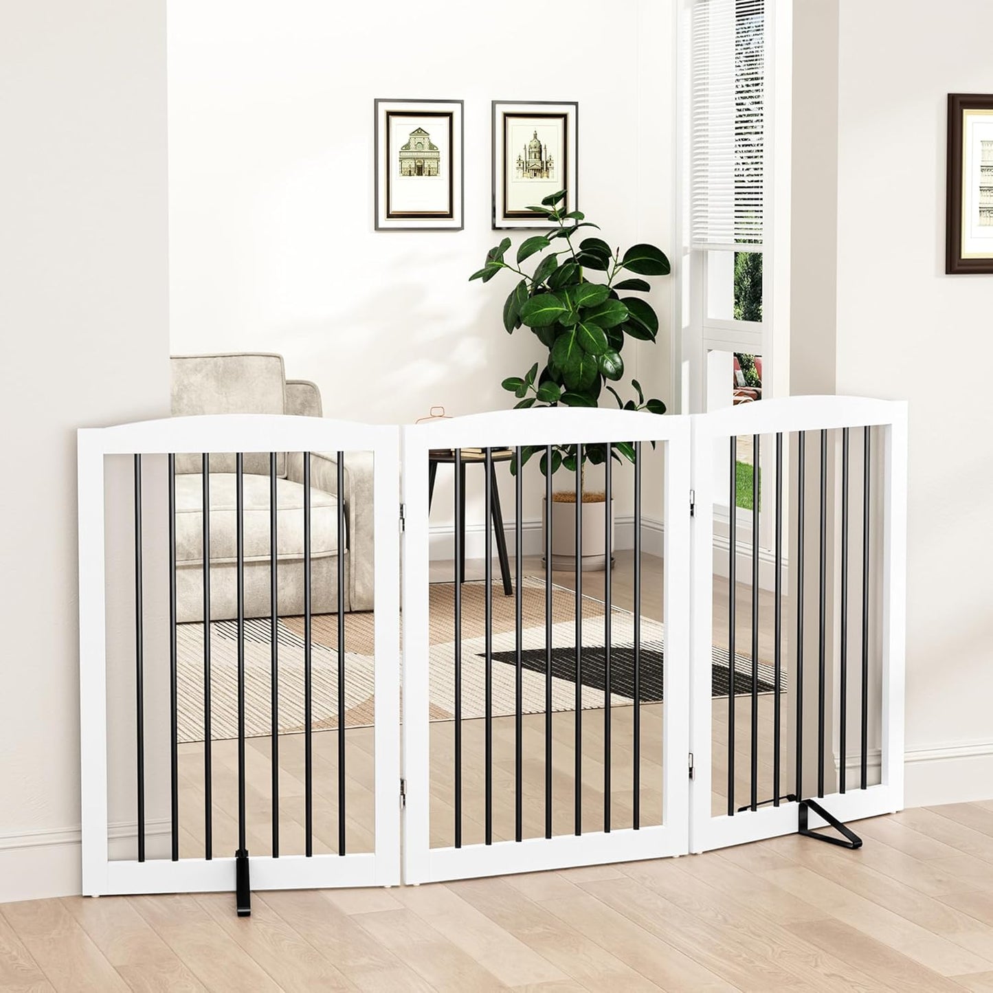 Freestanding Pet Gate for Dogs, Foldable Wooden Dog Gate for House Indoor, Tall Pet Fence for Stair, Doorway,Hall, Support Feet Included, 3 Panels 32",White