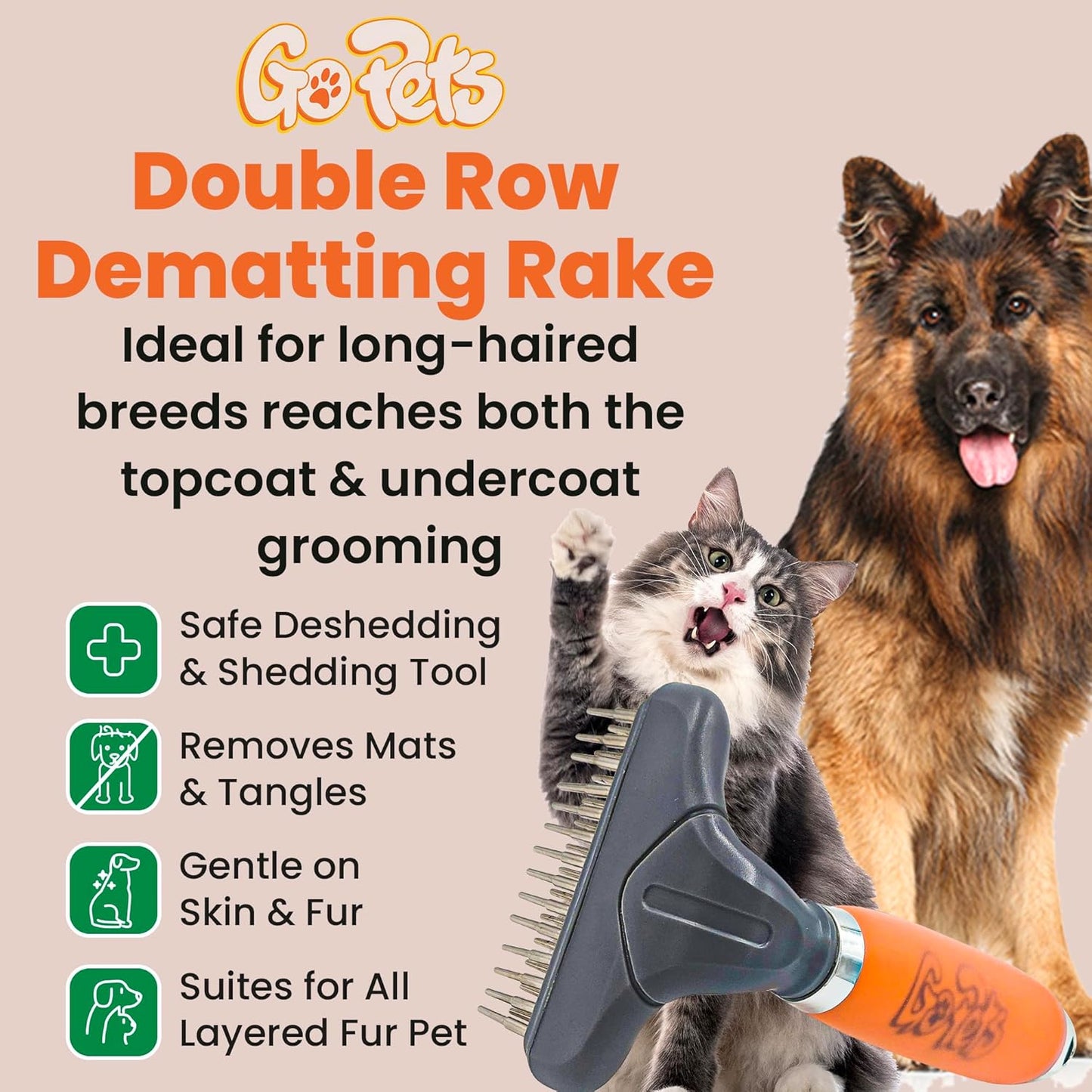 GoPets Double Row Dematting Rake Undercoat Deshedding Tool for Dogs and Cats, Dog Brush for Shedding and Grooming, Long Hair Pet Grooming Brush for Mat Removal, Detangling, and Shedding Control