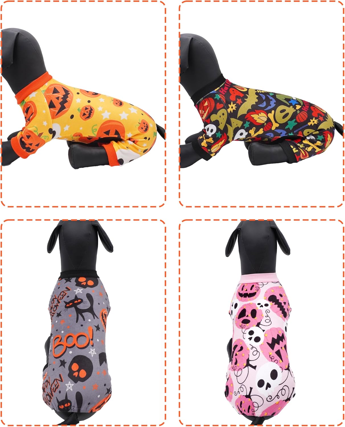 PET SHOW 4 Pack Halloween Small Dog Pajamas for Doggie Puppy Cats Kitten Onesies Pumpkin Ghost Soft Fleece Stretchy Jumpsuit Costume Boy Girl Pets PJs with Sleeve Clothes(XS)