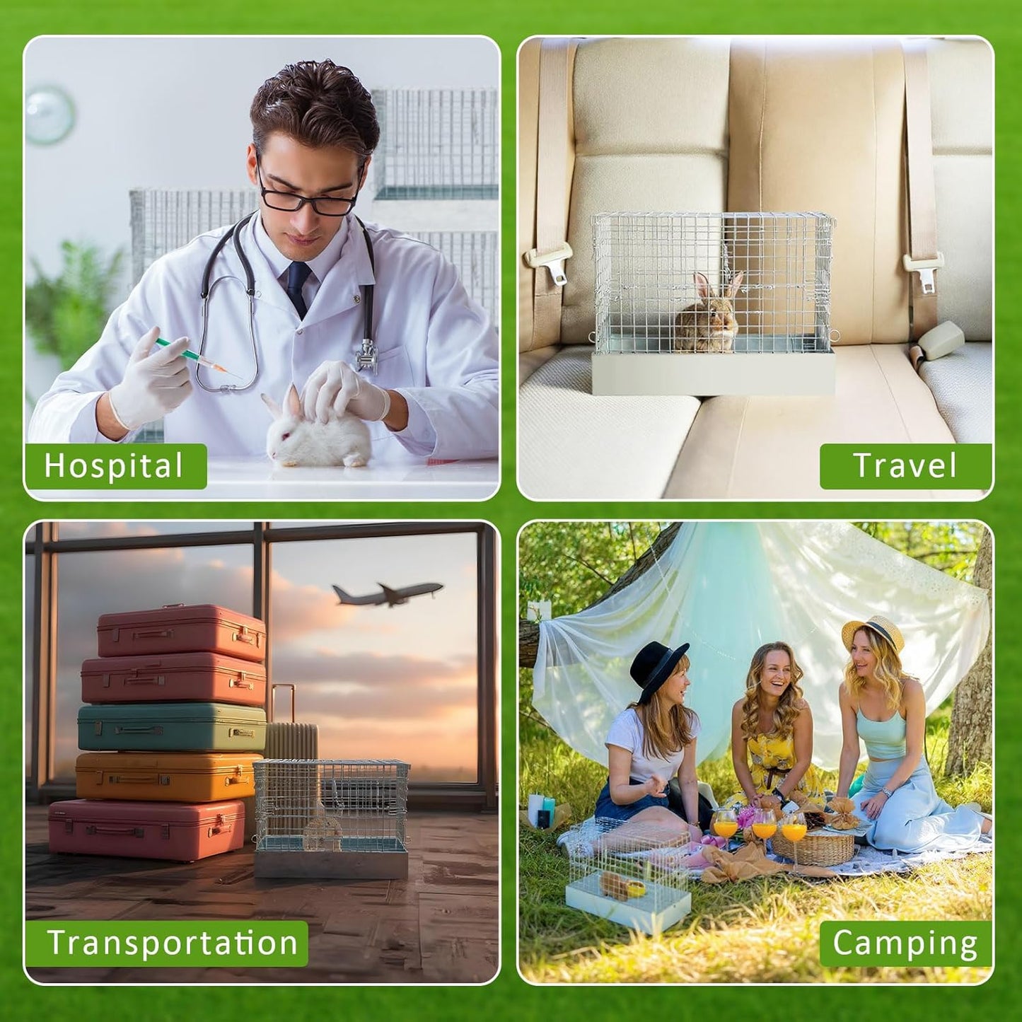 Folding Rabbit Cage, 18 x 10 x 14 in Portable Bunny Carrier with Tray and Handles for Transport, Travel or Temporary Housing, Indoor Outdoor Pet Habitat Animal Enclosure