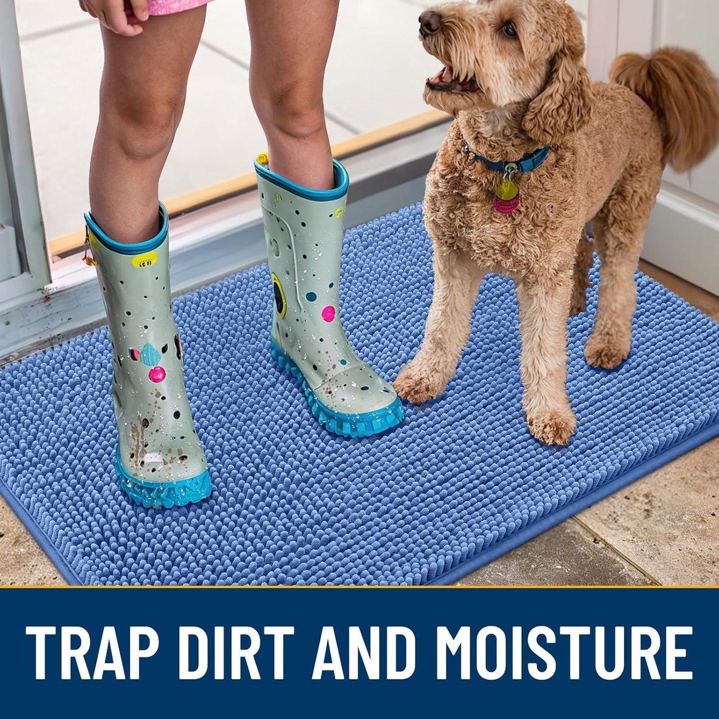 Smiry Dog Door Mat for Muddy Paws 48x30, Absorbs Moisture and Dirt Doormat, Non-Slip Washable Quick Dry Chenille Front Door Mat Indoor Entrance, Entryway Carpet for Inside Floor, Cornflower Blue