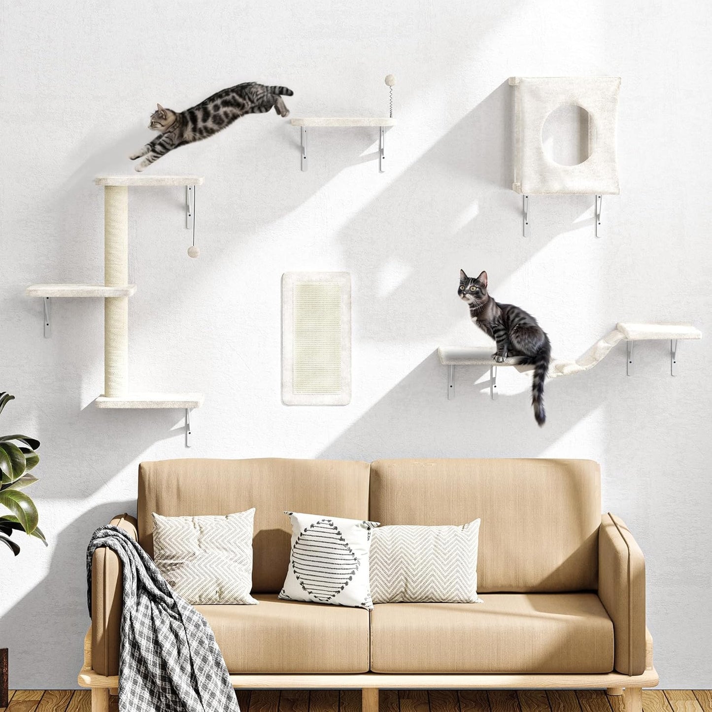 NUNU LAB Wall Mounted Cat Furniture, 5 Pcs Cat Wall Shelves with House, Bridge, Steps, Scratching Post, Shelves, Indoor Safe & Stable Furniture for Kittens Play, Beige