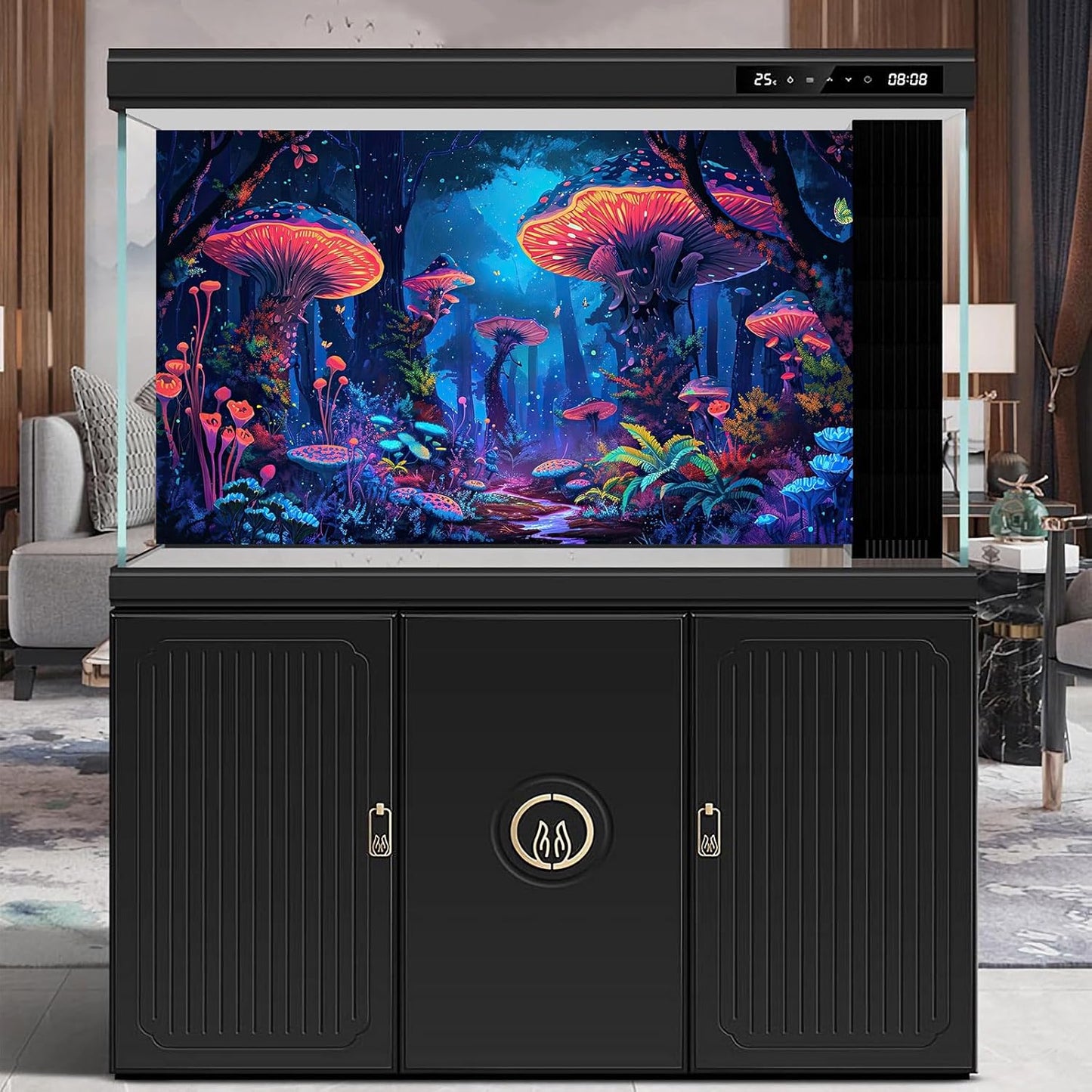 Mushrooms Aquarium Background Fantasy Bright Flowers Butterflies Fish Tank Backdrop Decoration Poster Trippy Wonderland Landscape with Giant Mystical Mushrooms Terrarium Background Decor 72x18in