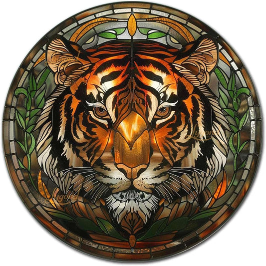 Lygond Metal Sign Tin Sign Circular Stained Glass Tigle Minimalist Wall Art for Home Decor 8×8 Inches