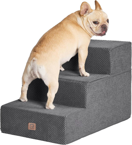 EHEYCIGA Dog Stairs for Small Dogs 16.5" H, 3-Step Extra Wide Dog Steps for Couch Sofa and Chair, Pet Steps for Medium Cats, Non-Slip Balanced Pet Ramp Indoor, Grey